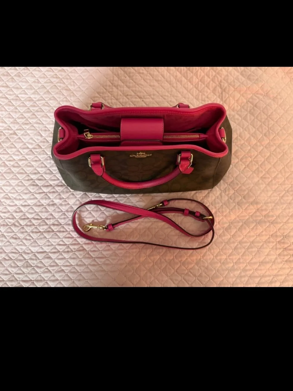 Coach Brown Signature Satchel with Bright Pink Trim and Strap